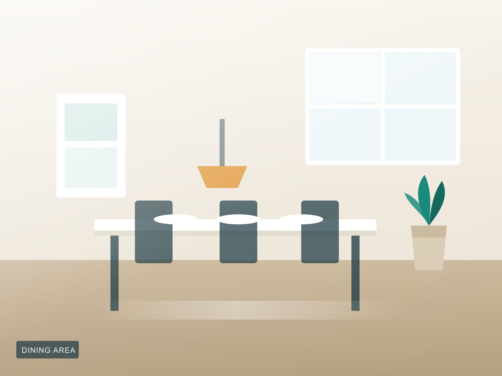Illustration of a clean dining table with chairs and a pendant light